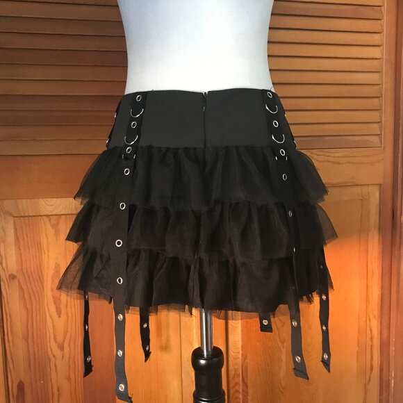 Goth Punk Visual Kei Black Buckle & Strap Ruffle Mini Skirt S - Picture 9 of 11